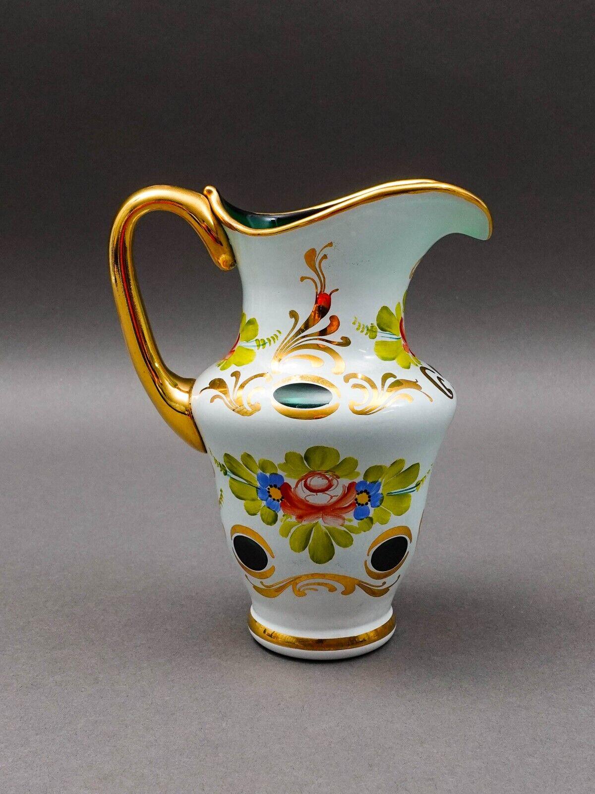 Moser Bohemian Green Cased To White & Gold Hand Painted Carafe Jug Pitcher