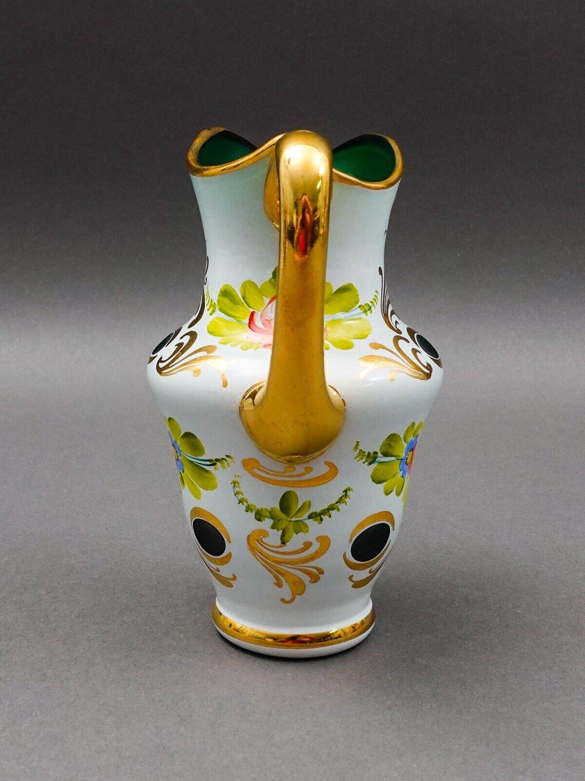 Moser Bohemian Green Cased To White & Gold Hand Painted Carafe Jug Pitcher