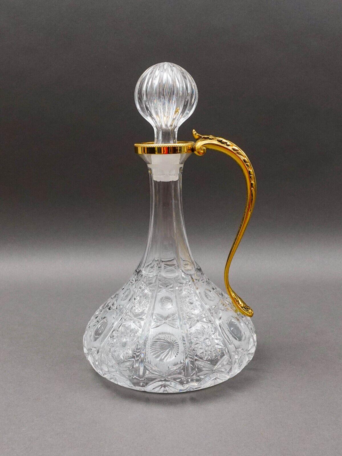 Bohemian Cut Glass Gold Leaf Motif Handle Crystal Decanter With Stopper