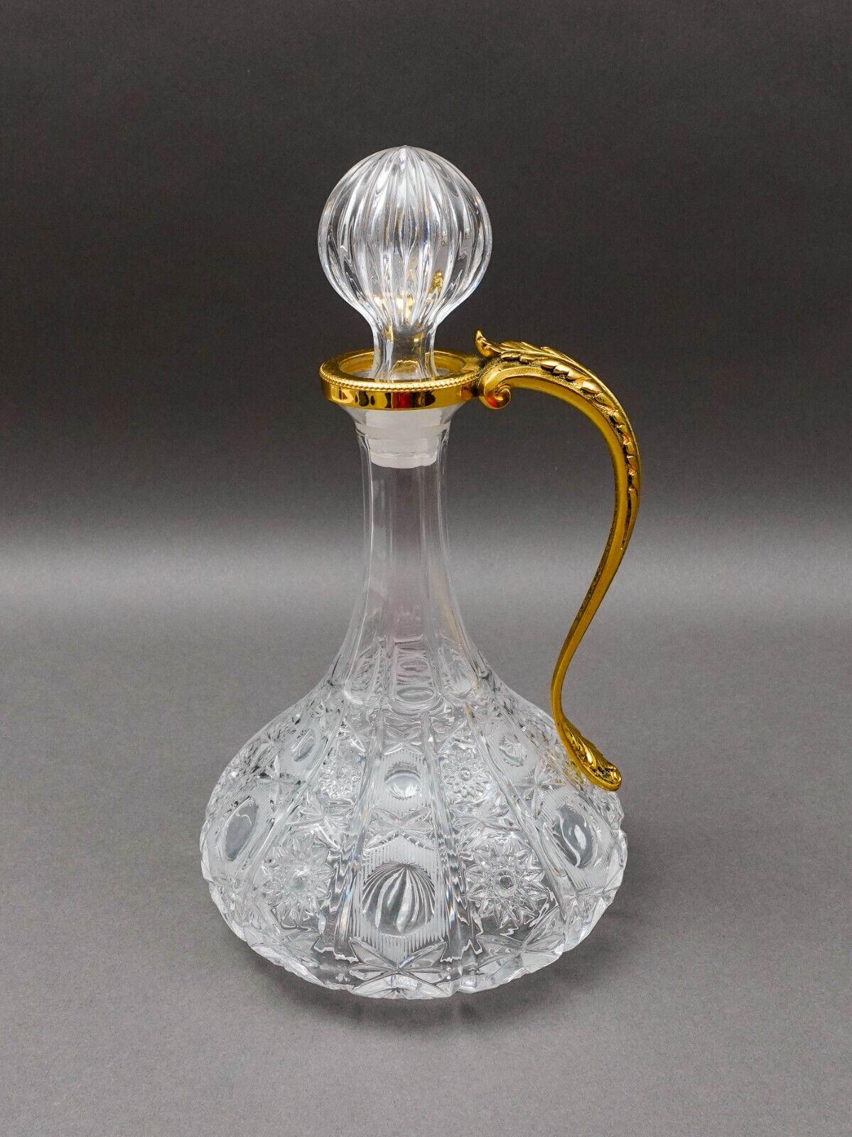 Bohemian Cut Glass Gold Leaf Motif Handle Crystal Decanter With Stopper