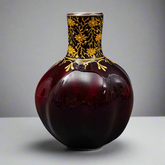 Bohemian Ox Blood Red Floral Gilded Cased Art Glass Vase 6 1/4"