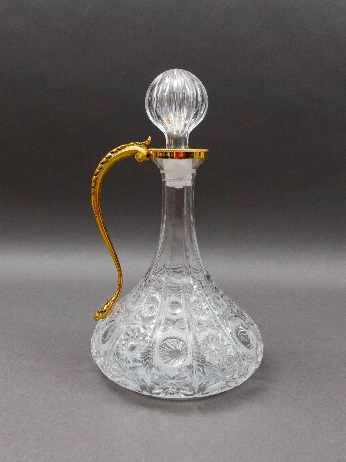 Bohemian Cut Glass Gold Leaf Motif Handle Crystal Decanter With Stopper