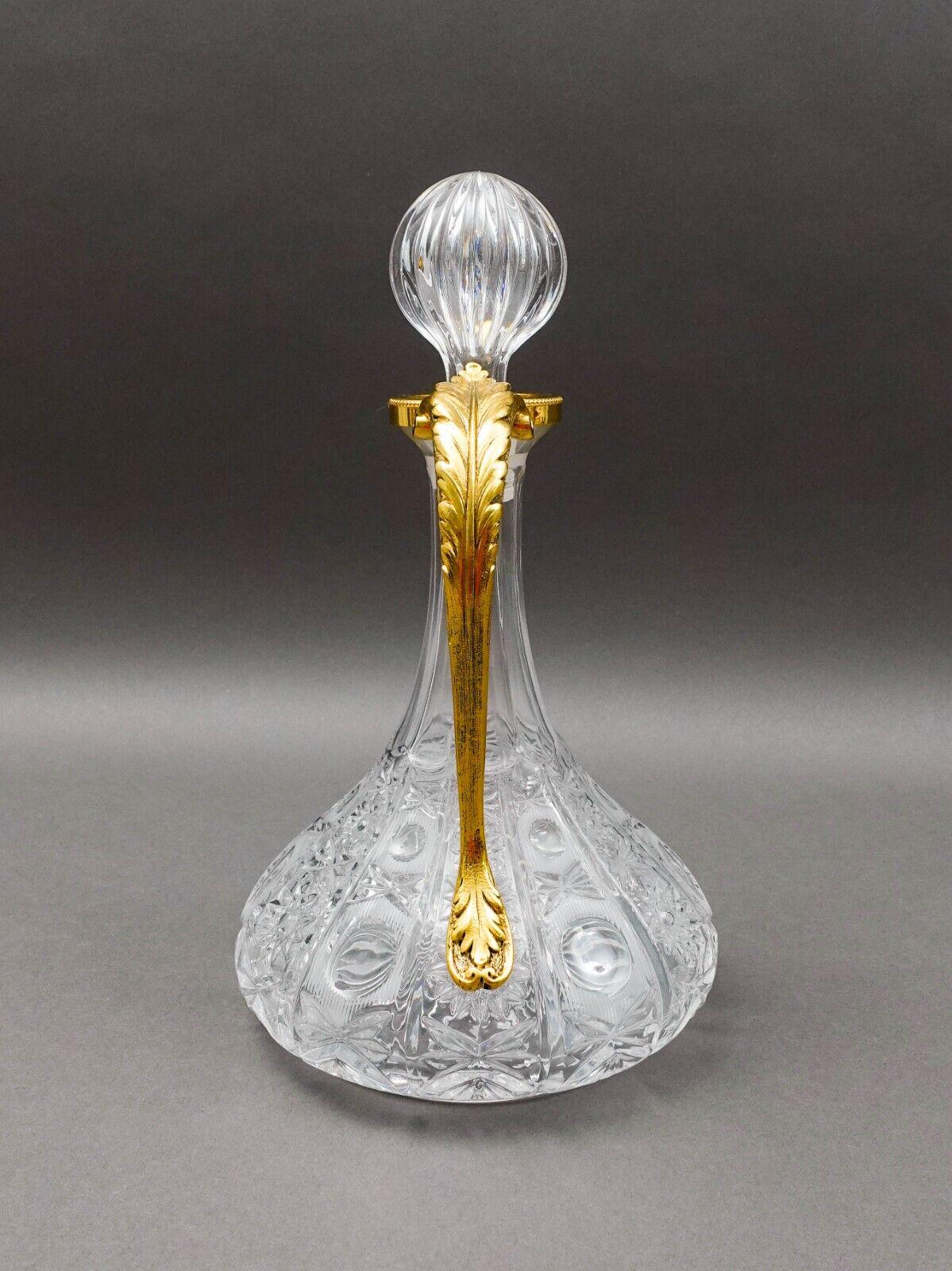 Bohemian Cut Glass Gold Leaf Motif Handle Crystal Decanter With Stopper