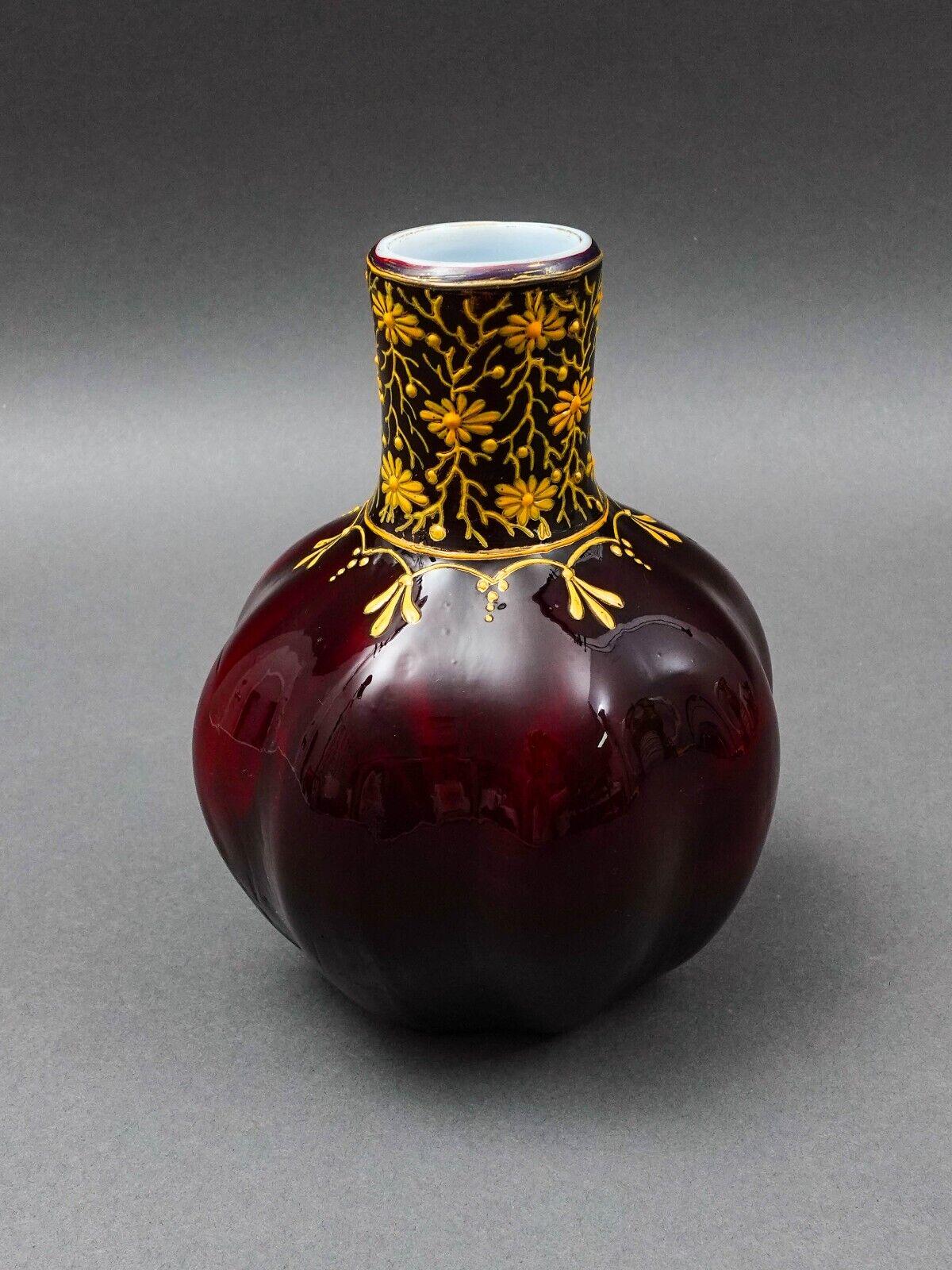 Bohemian Ox Blood Red Floral Gilded Cased Art Glass Vase 6 1/4"