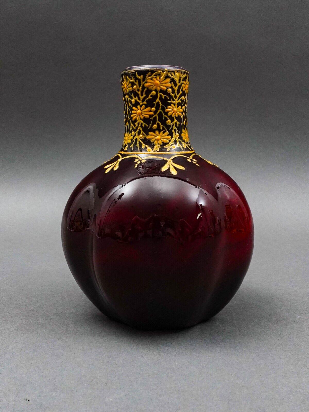 Bohemian Ox Blood Red Floral Gilded Cased Art Glass Vase 6 1/4"