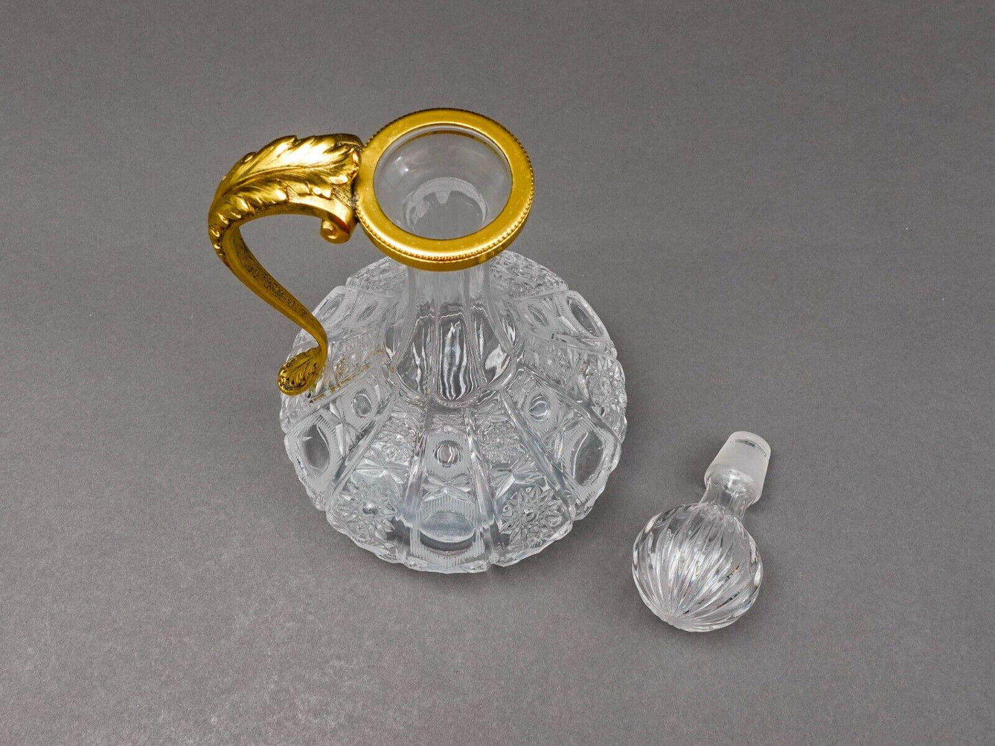 Bohemian Cut Glass Gold Leaf Motif Handle Crystal Decanter With Stopper