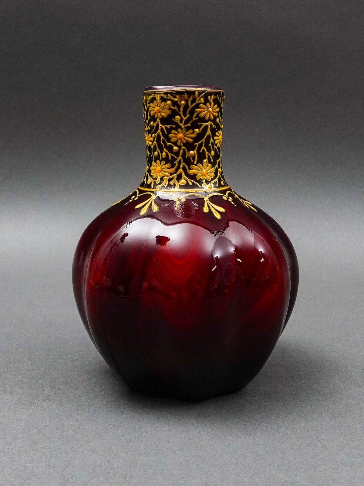 Bohemian Ox Blood Red Floral Gilded Cased Art Glass Vase 6 1/4"