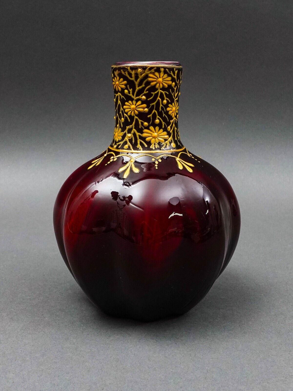 Bohemian Ox Blood Red Floral Gilded Cased Art Glass Vase 6 1/4"