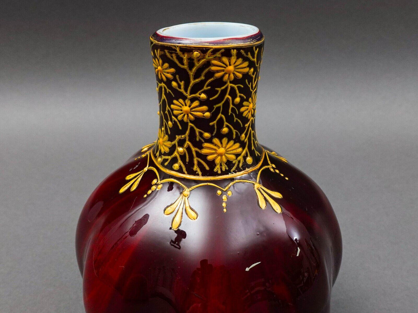 Bohemian Ox Blood Red Floral Gilded Cased Art Glass Vase 6 1/4"