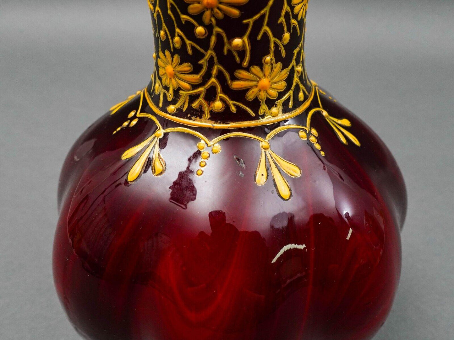 Bohemian Ox Blood Red Floral Gilded Cased Art Glass Vase 6 1/4"