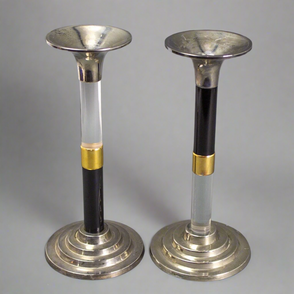 Pair Lucite Silver & Gold Plated Candlesticks Springer Machine Age 11" Tall