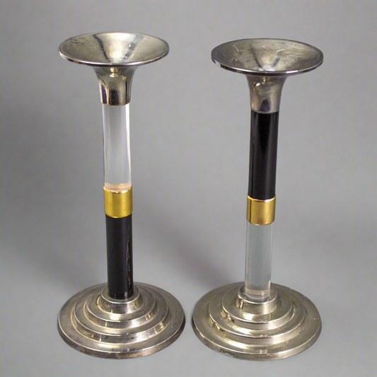 Pair Lucite Silver & Gold Plated Candlesticks Springer Machine Age 11" Tall