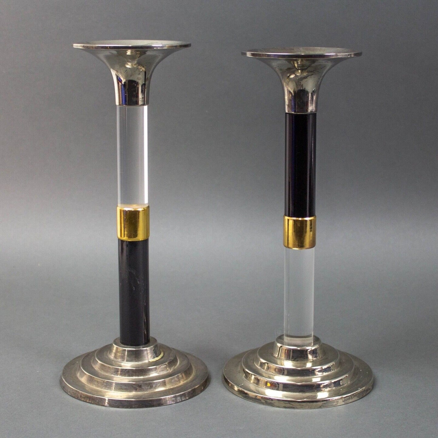 Pair Lucite Silver & Gold Plated Candlesticks Springer Machine Age 11" Tall
