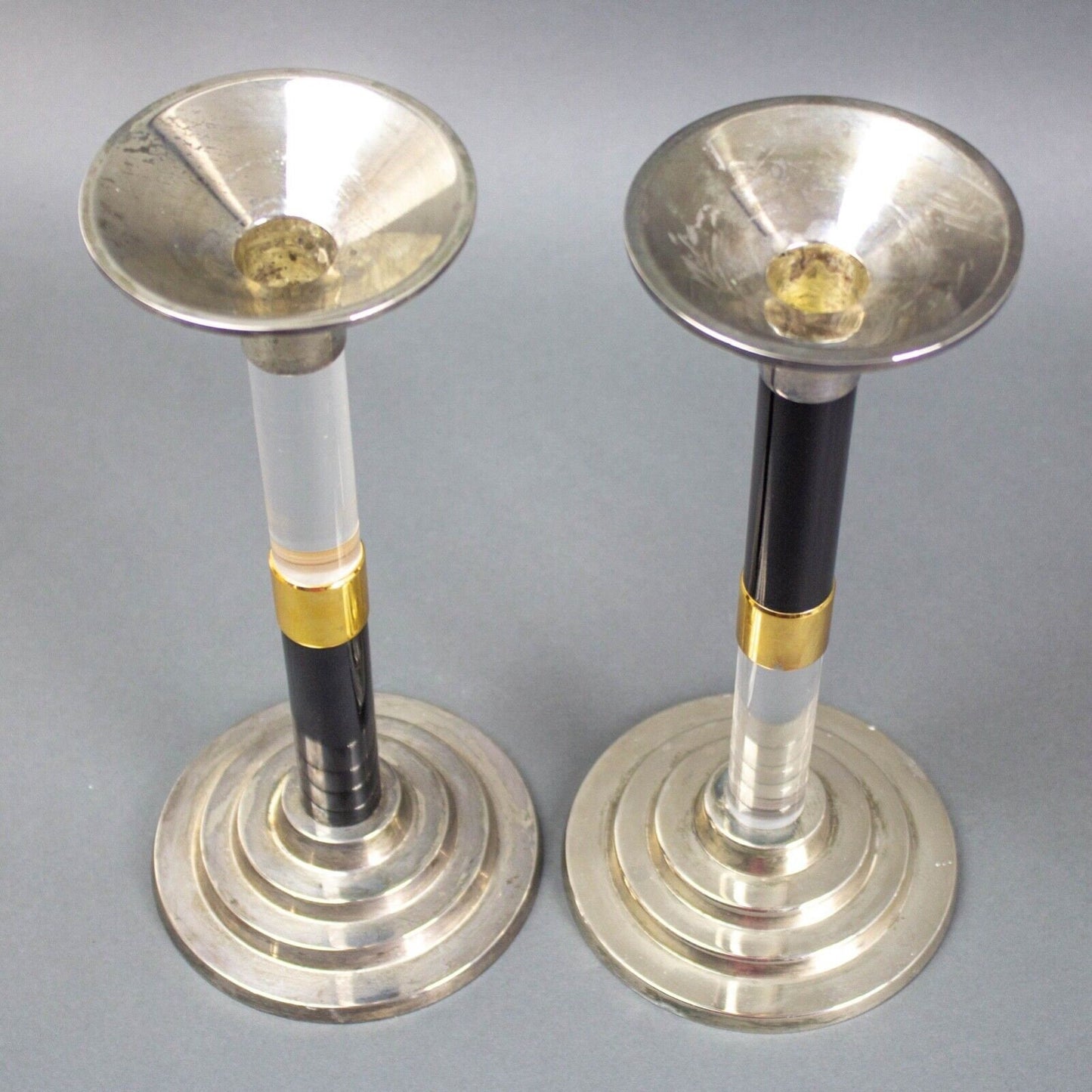 Pair Lucite Silver & Gold Plated Candlesticks Springer Machine Age 11" Tall