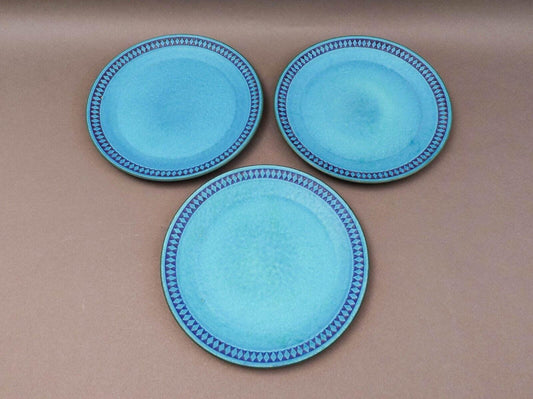 Ceramano West Germany Vintage MCM Argus Blue Pottery 10 1/8" Dinner Plate Set 3