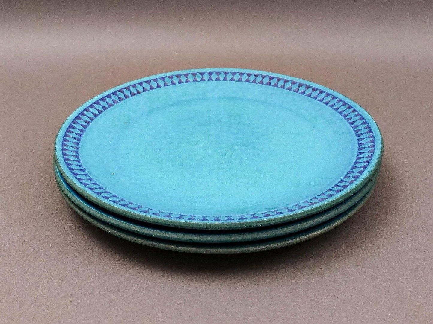 Ceramano West Germany Vintage MCM Argus Blue Pottery 10 1/8" Dinner Plate Set 3