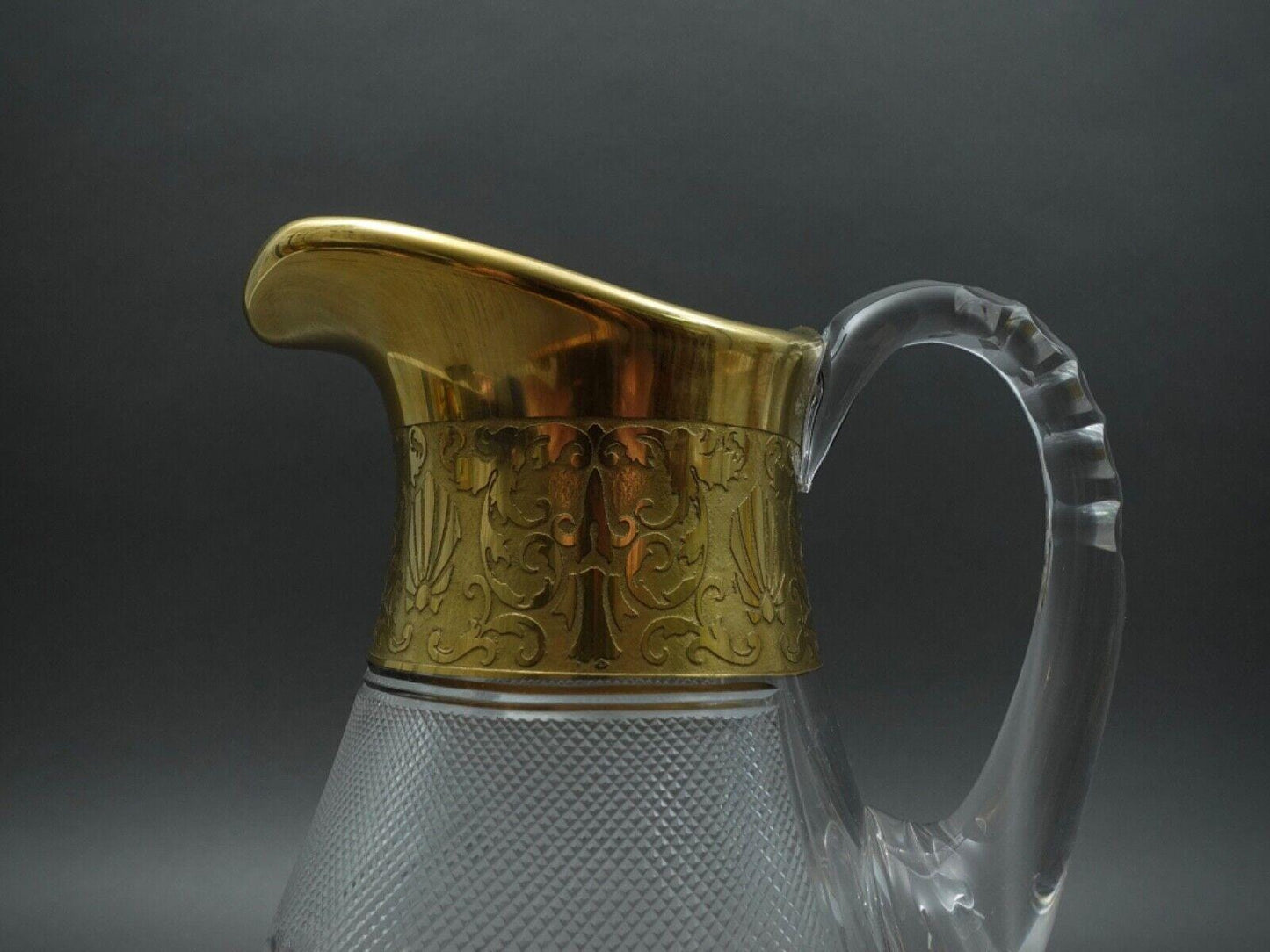 Moser Signed Czech Splendid Gold Trim Cut Crystal Water  Pitcher Jug 64 Oz