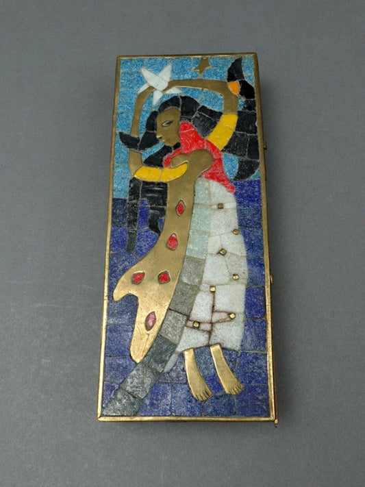 Salvador Teran  Mexico Vintage MCM Brass Mosaic Tile Dancing Star Woman Box