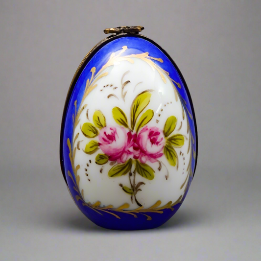 Limoges France Blue & Gold Floral Porcelain Egg Trinket Box With Perfume Bottle