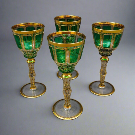 Moser Bohemian Emerald Green Gold Gilded Panel 8 1/4" Wine Glass Goblet Set Of 4