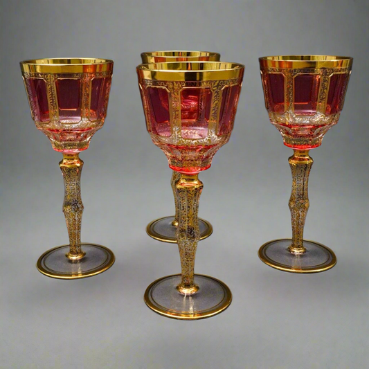 Moser Bohemian Cranberry Red Gold Gilded Panel 8 1/4" Wine Glass Goblet Set Of 4