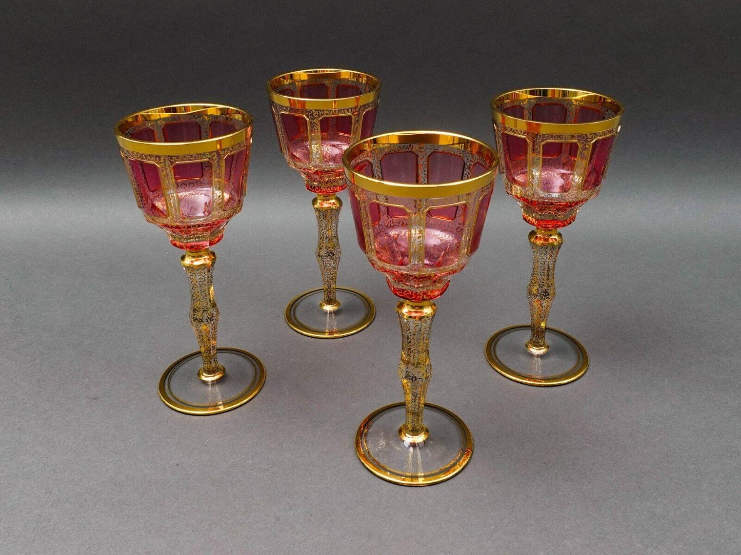 Moser Bohemian Cranberry Red Gold Gilded Panel 8 1/4" Wine Glass Goblet Set Of 4