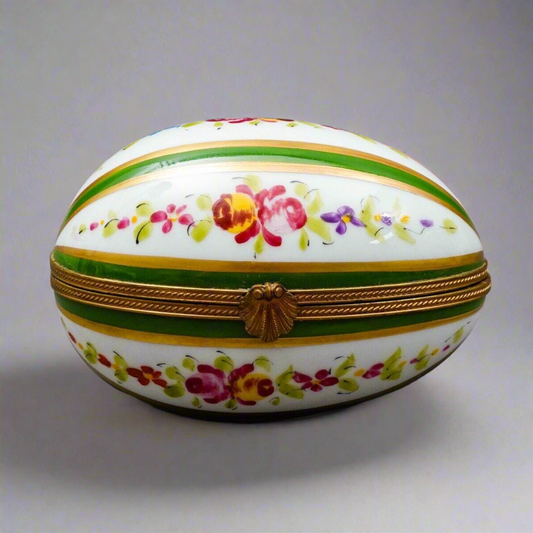 Limoges France Decor Main  Green & Gold Floral Porcelain Egg Hinged Trinket Box