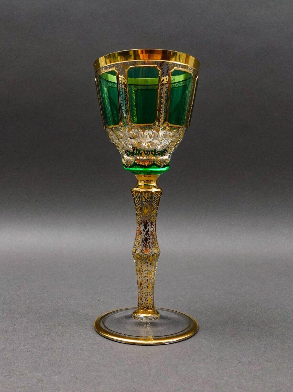Moser Bohemian Emerald Green Gold Gilded Panel 8 1/4" Wine Glass Goblet Set Of 4