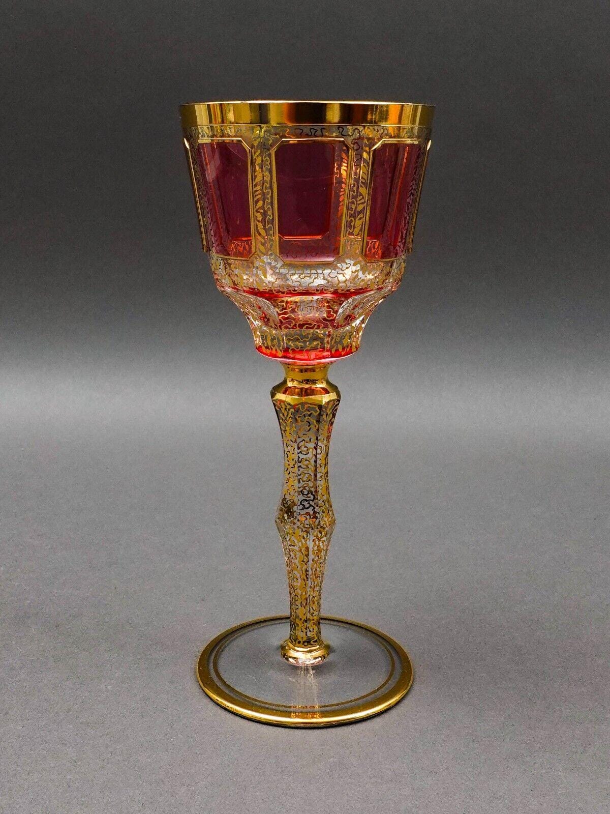 Moser Bohemian Cranberry Red Gold Gilded Panel 8 1/4" Wine Glass Goblet Set Of 4