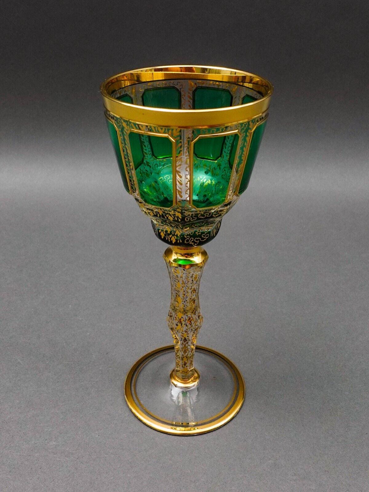 Moser Bohemian Emerald Green Gold Gilded Panel 8 1/4" Wine Glass Goblet Set Of 4