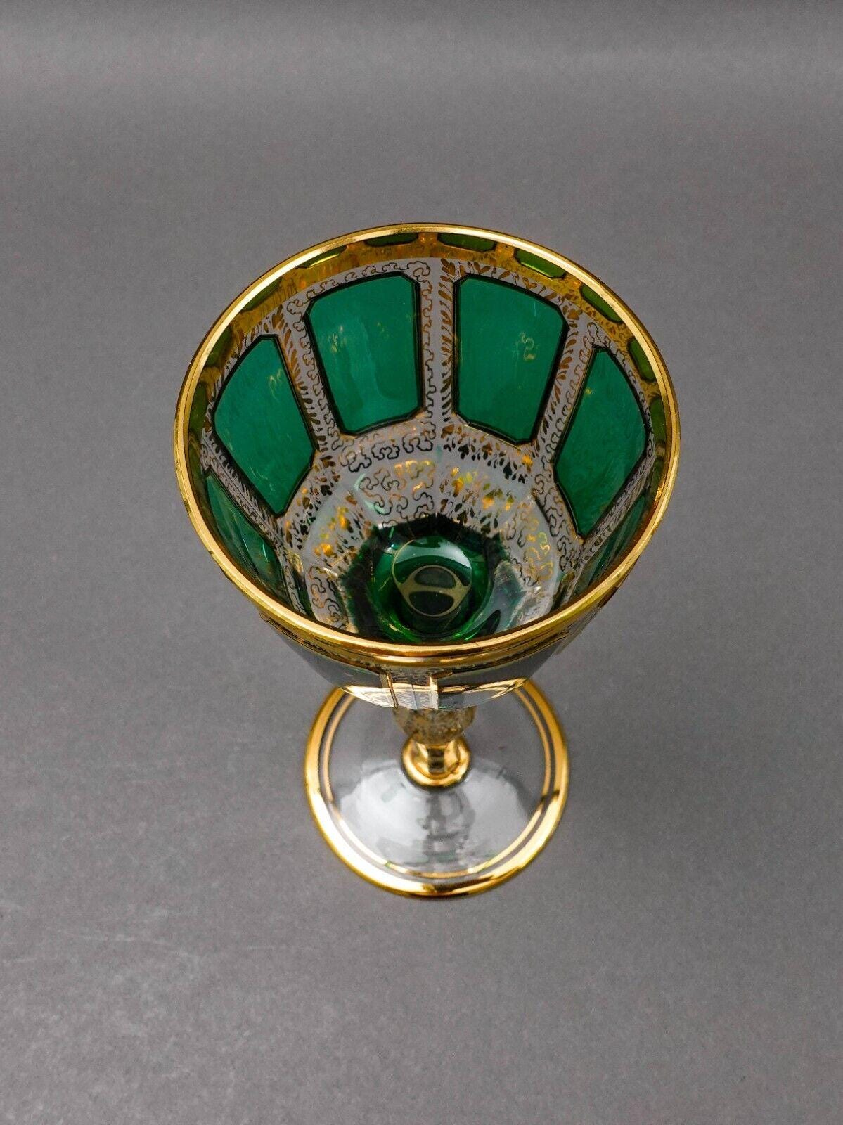 Moser Bohemian Emerald Green Gold Gilded Panel 8 1/4" Wine Glass Goblet Set Of 4
