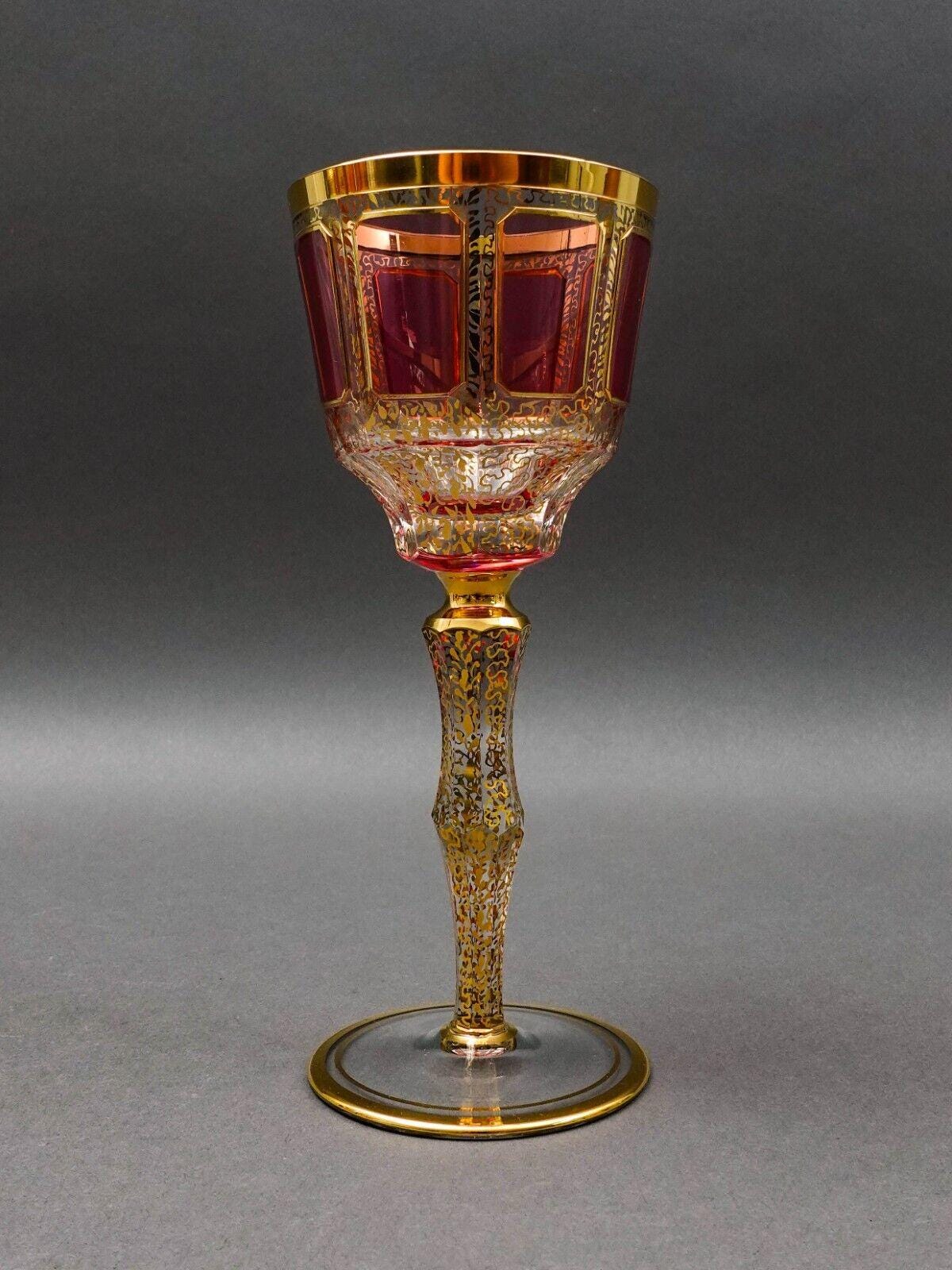 Moser Bohemian Cranberry Red Gold Gilded Panel 8 1/4" Wine Glass Goblet Set Of 4