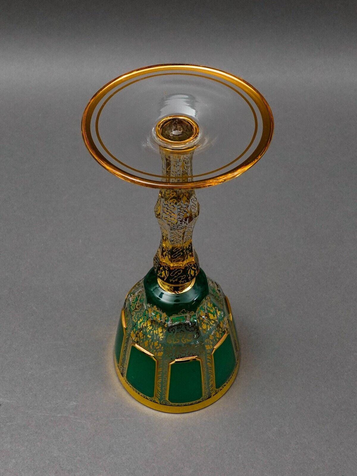 Moser Bohemian Emerald Green Gold Gilded Panel 8 1/4" Wine Glass Goblet Set Of 4