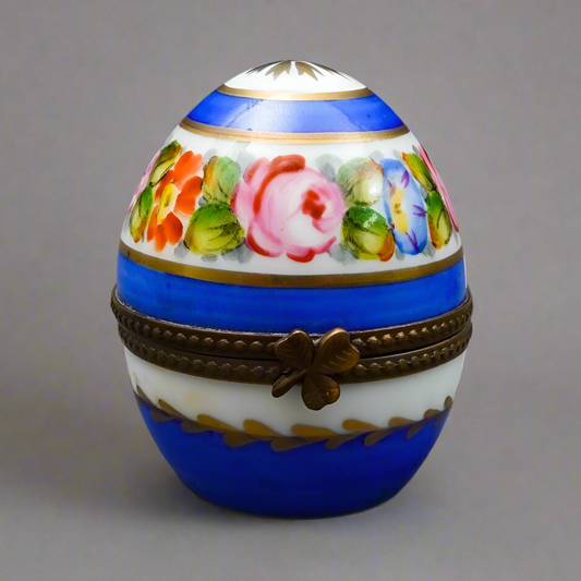 Limoges France Blue & Gold Floral Porcelain Egg Trinket Box With Perfume Bottle