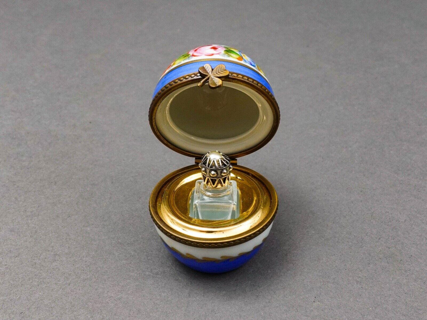 Limoges France Blue & Gold Floral Porcelain Egg Trinket Box With Perfume Bottle