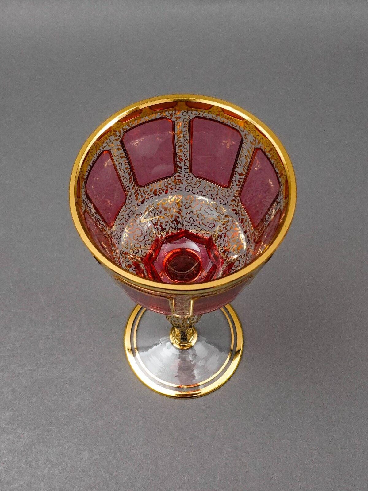 Moser Bohemian Cranberry Red Gold Gilded Panel 8 1/4" Wine Glass Goblet Set Of 4