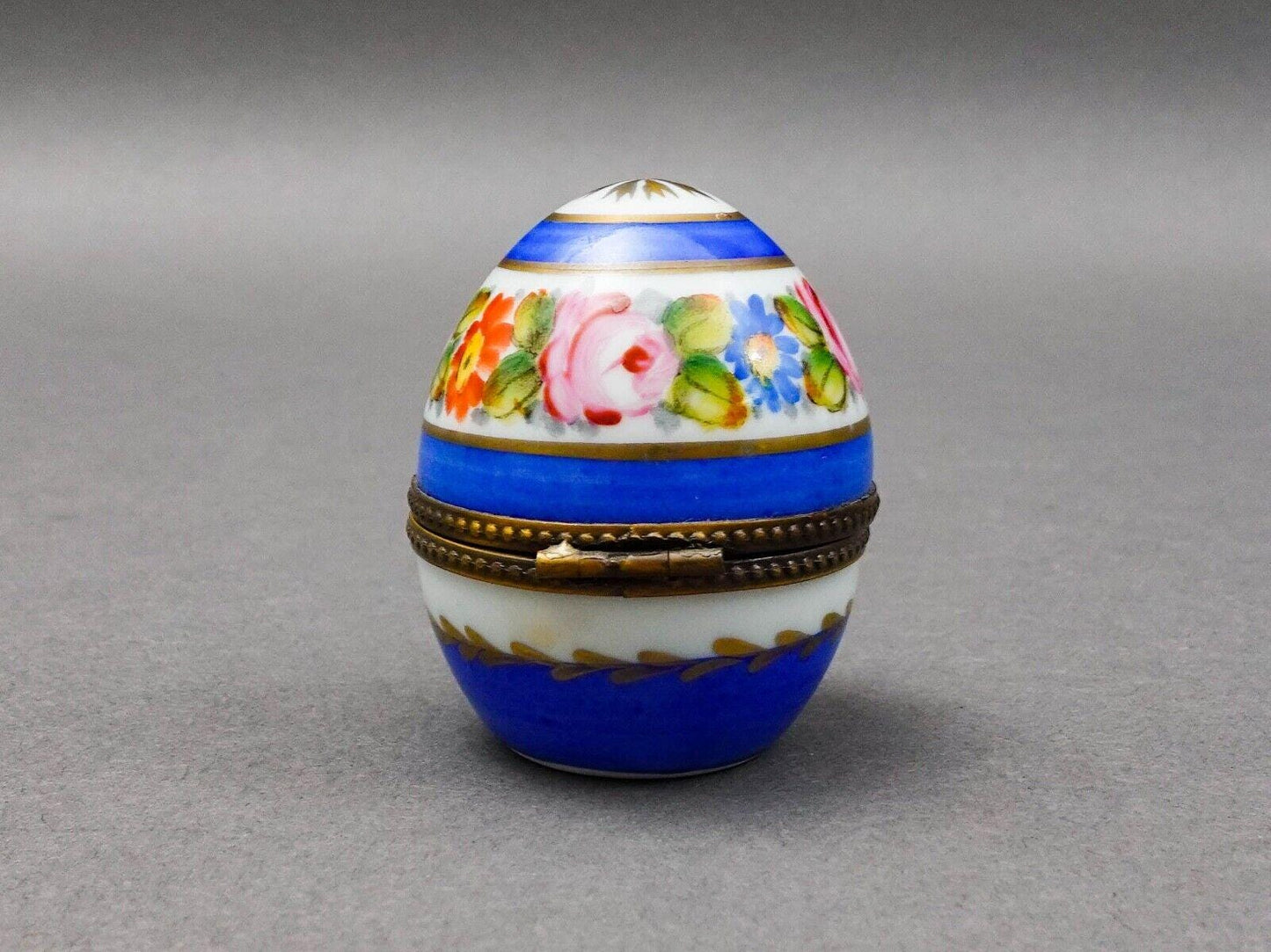 Limoges France Blue & Gold Floral Porcelain Egg Trinket Box With Perfume Bottle