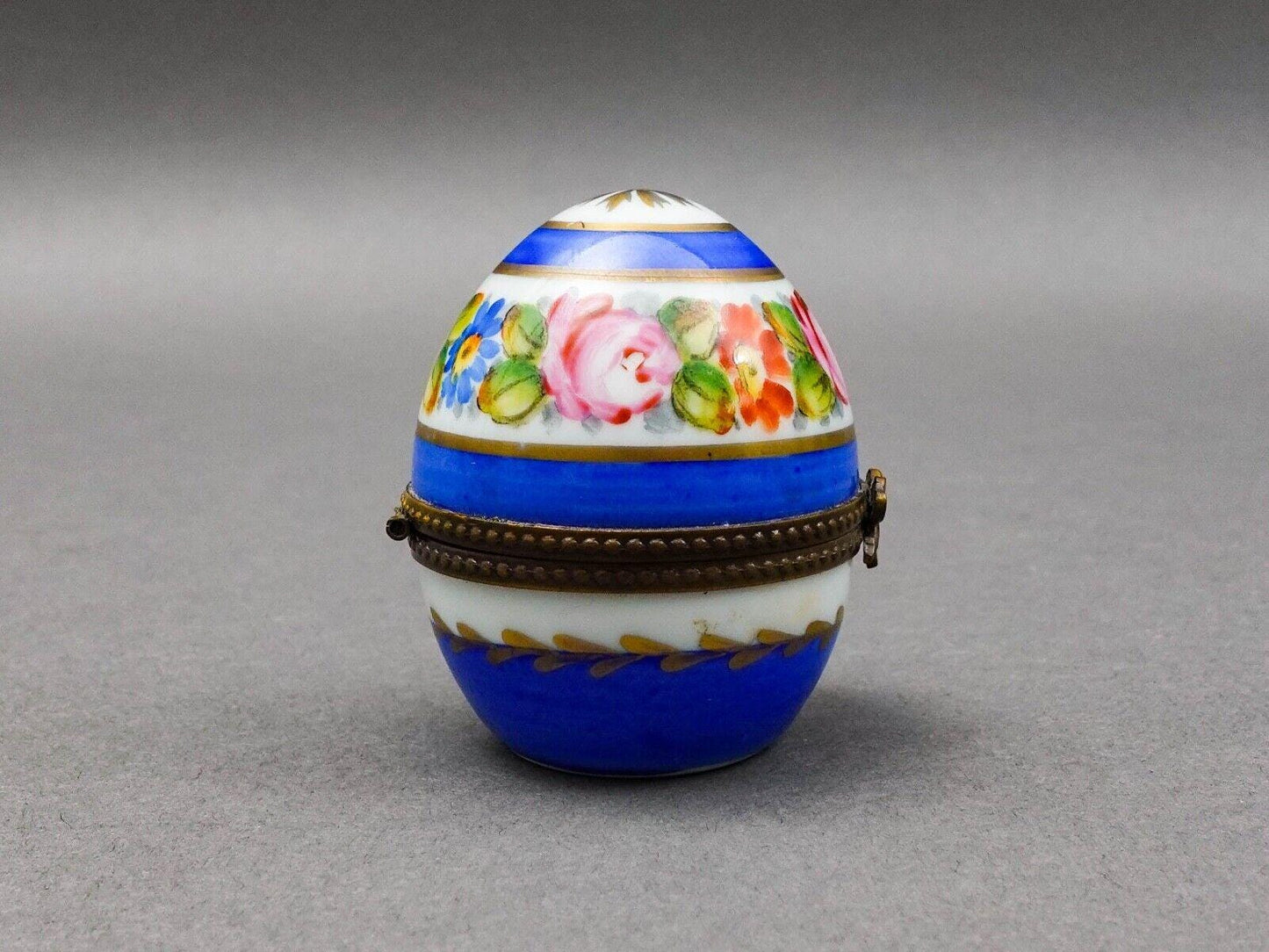 Limoges France Blue & Gold Floral Porcelain Egg Trinket Box With Perfume Bottle