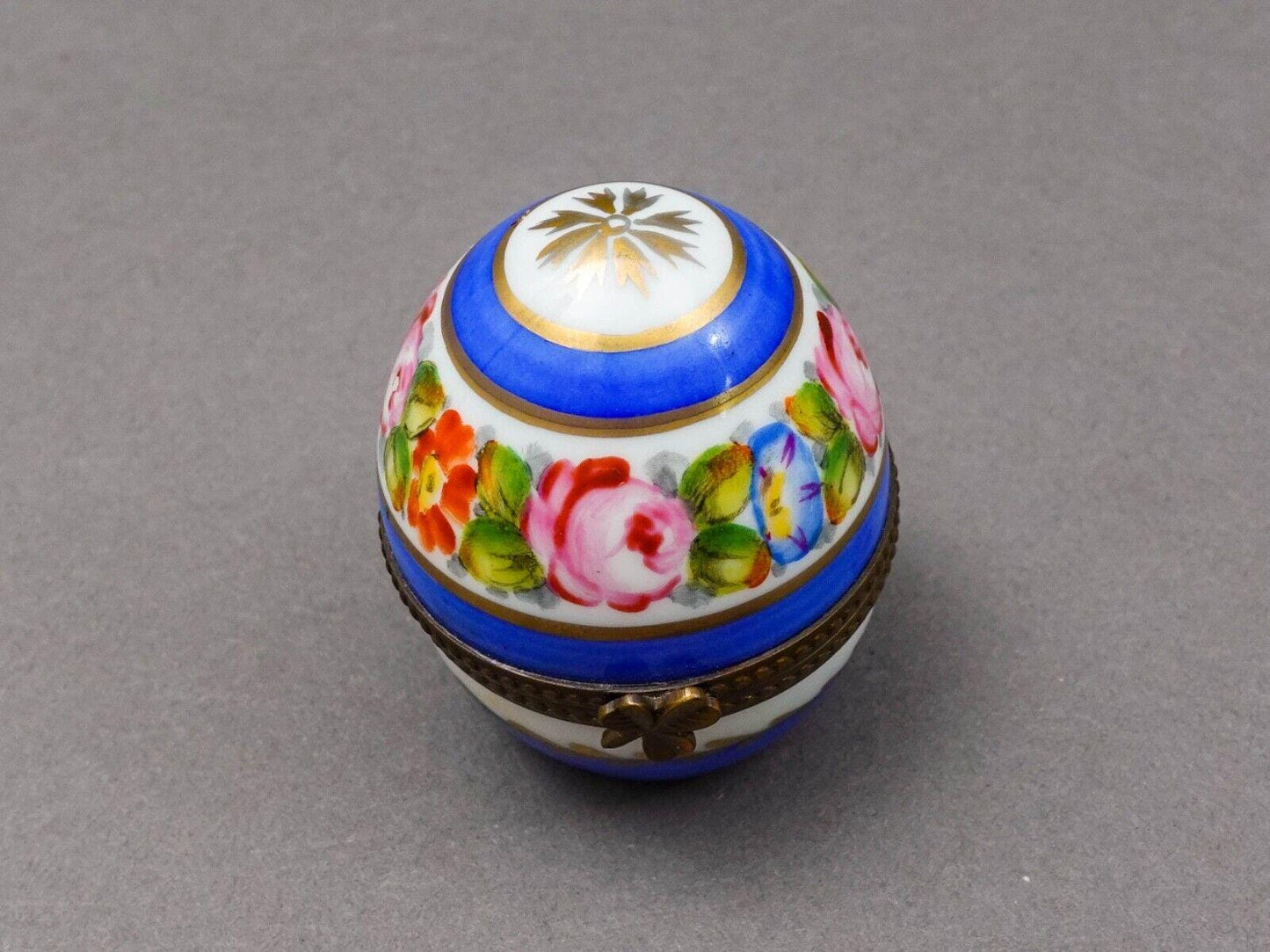 Limoges France Blue & Gold Floral Porcelain Egg Trinket Box With Perfume Bottle