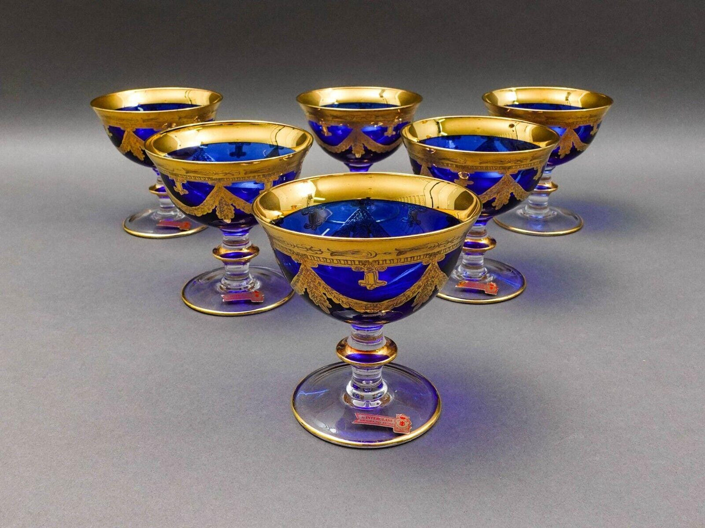 Interglass Italy 24K Gold Cobalt Blue Crystal Compote Serving Bowl Set Of 6