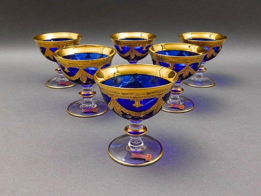 Interglass Italy 24K Gold Cobalt Blue Crystal Compote Serving Bowl Set Of 6