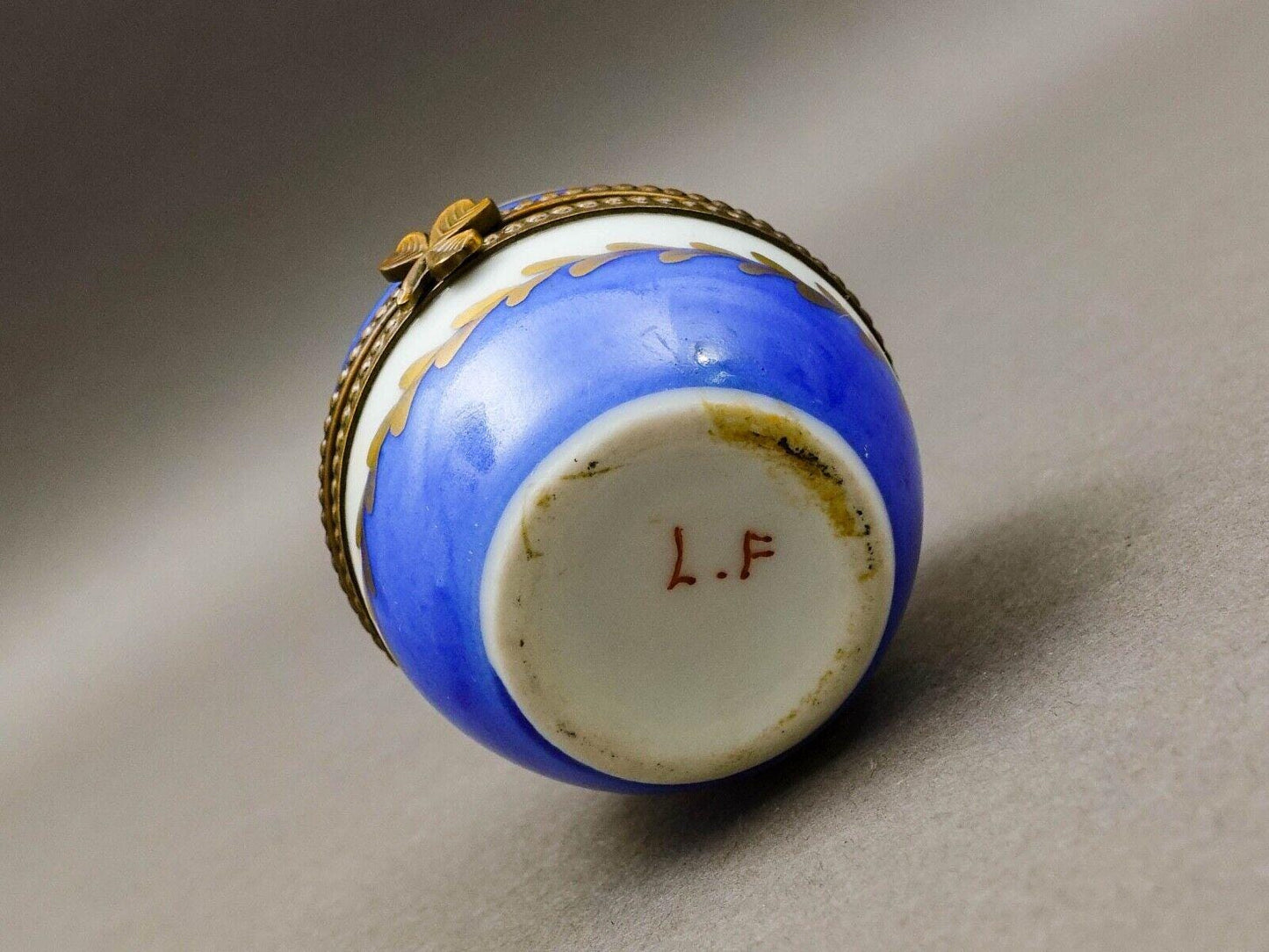 Limoges France Blue & Gold Floral Porcelain Egg Trinket Box With Perfume Bottle