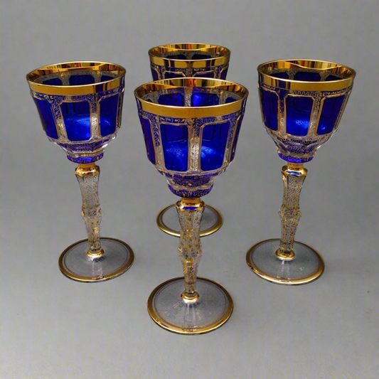 Moser Bohemian Cobalt Blue Gold Gilded Panel 8 1/4" Wine Glass Goblet Set Of 4
