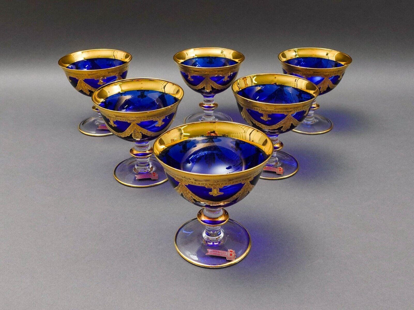 Interglass Italy 24K Gold Cobalt Blue Crystal Compote Serving Bowl Set Of 6