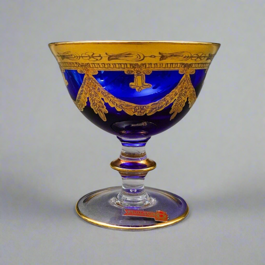 Interglass Italy 24K Gold Cobalt Blue Crystal Compote Serving Bowl Set Of 6