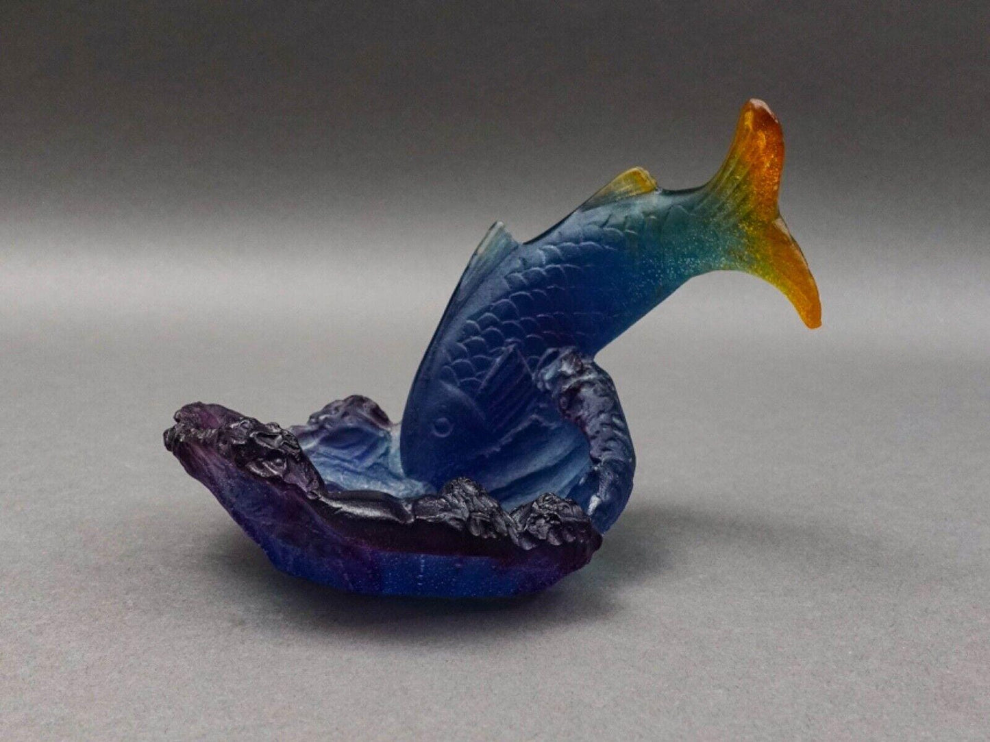 Daum France Signed Pate De Verre Fish Koi Art Glass Bowl Trinket Dish