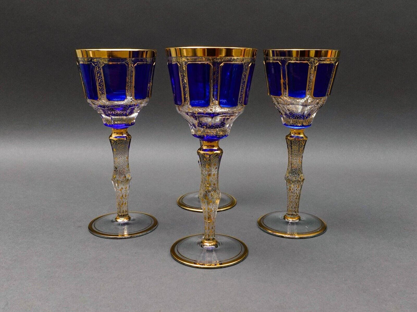 Moser Bohemian Cobalt Blue Gold Gilded Panel 8 1/4" Wine Glass Goblet Set Of 4