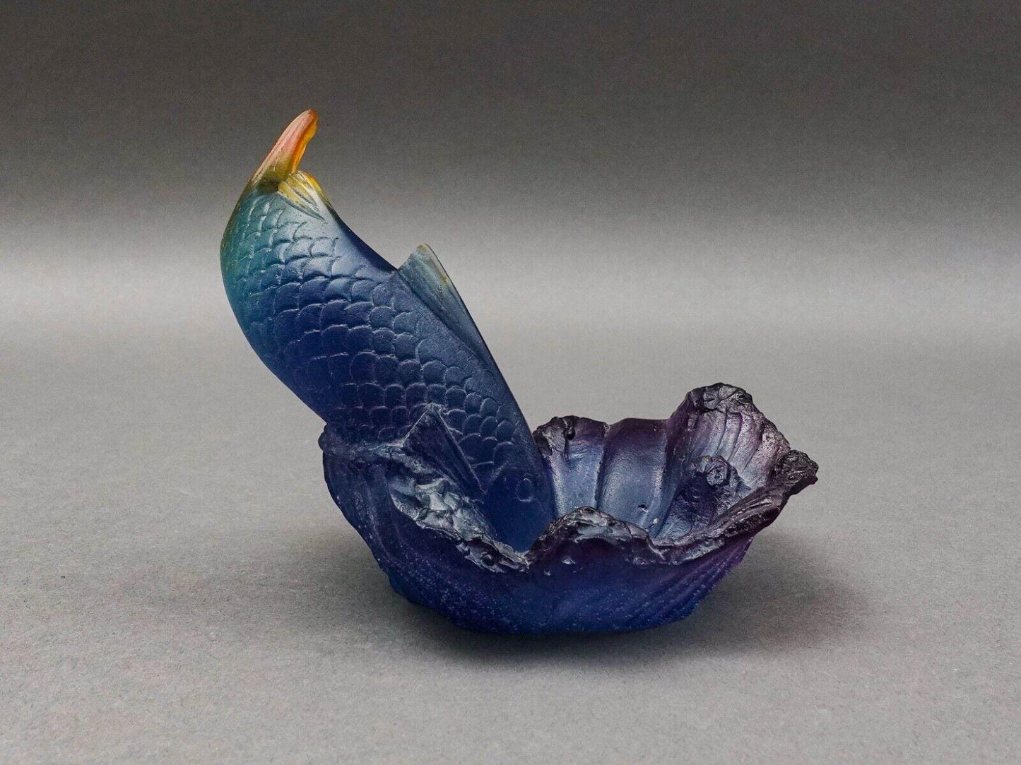 Daum France Signed Pate De Verre Fish Koi Art Glass Bowl Trinket Dish