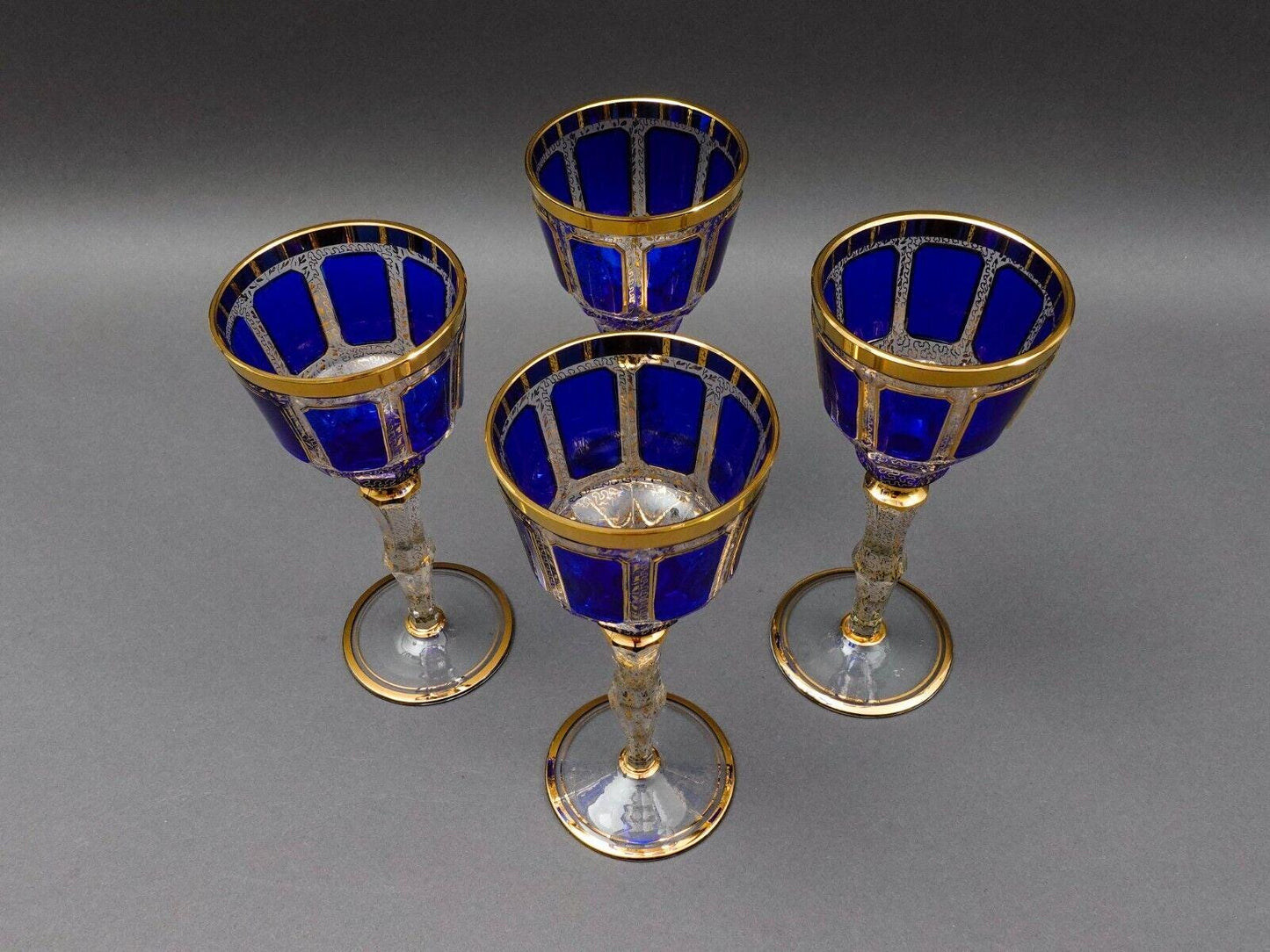 Moser Bohemian Cobalt Blue Gold Gilded Panel 8 1/4" Wine Glass Goblet Set Of 4