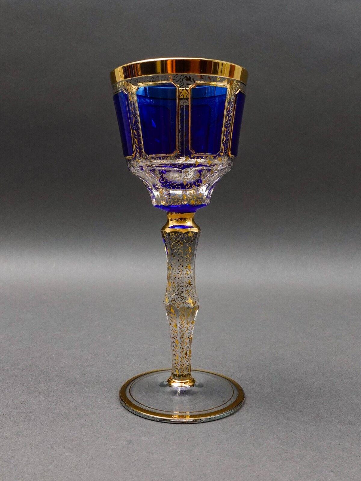 Moser Bohemian Cobalt Blue Gold Gilded Panel 8 1/4" Wine Glass Goblet Set Of 4
